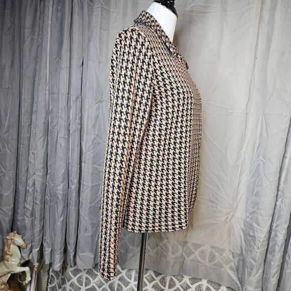 Chaps Classic Tan & Black Houndstooth Asymmetrical Zip Front Knit Sweater Jacket - Picture 3 of 10